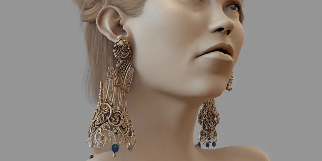 Image similar to earring design, jewelry design, wood, nordic, art deco, intricate, elegant, material, product design, trending on artstation, cgsociety, photo realistic, design by ziva cph and isabel lennse and kalevala, 8 k, unreal engine, c 4 d