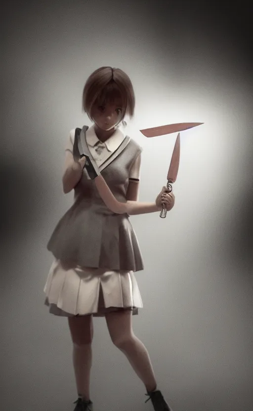 Prompt: school girl holding a knife, gloomy and foggy atmosphere, octane render, artstation trending, horror scene, highly detailded