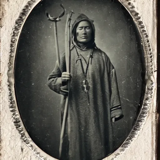 Prompt: tintype photograph of a neo-futuristic shaman. Holding a glowing staff, he has three eyes.