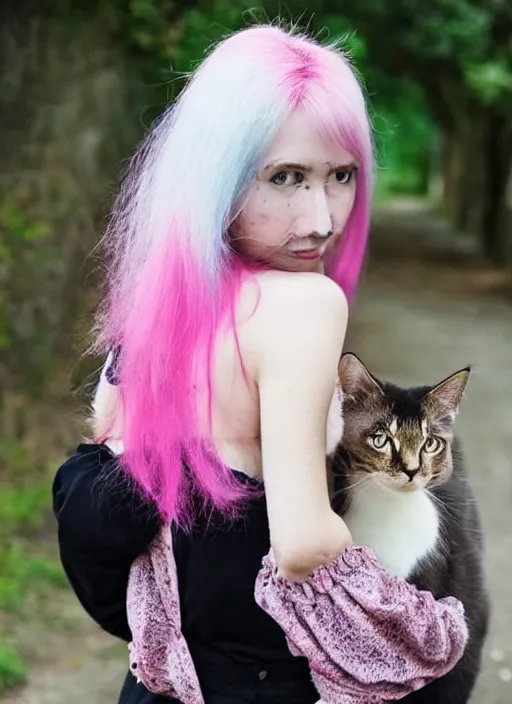 Prompt: portrait of a pretty!!! woman, cat on their shoulder!! looking at the camera! godrays!! punk clothes, film camera around their neck!! pink and white hair!