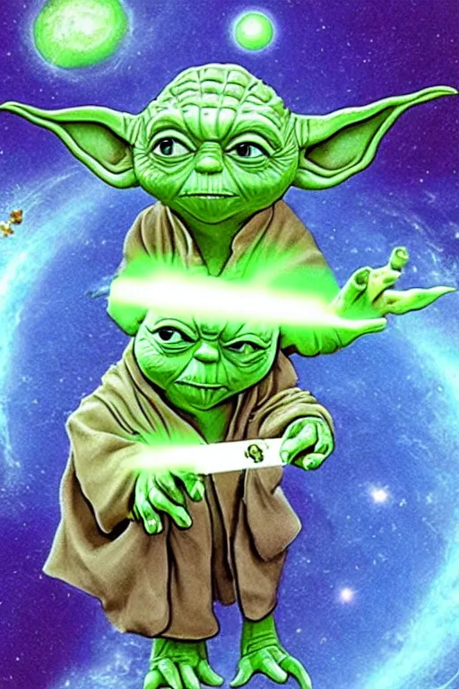 Image similar to yoda floating through space smoking a large joint