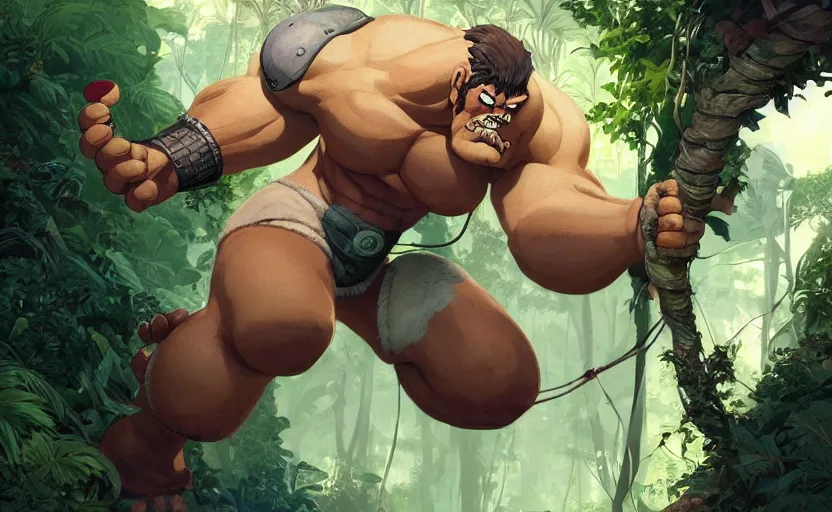 Prompt: portrait of a colossus roaming the jungle, digital painting masterpiece, advanced lighting technology, stylized yet realistic anatomy and face, gorgeous, by reiq and jamie hewlett and bengus and akiman and shigenori soejima and bastien vives and balak and michael sanlaville, 4 k wallpaper, cinematic, gorgeous brush strokes