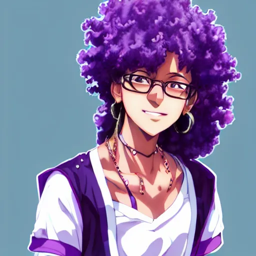 Prompt: character design of anthy himemiya as a college student, curly purple hair, indian girl with brown skin, tokyo fashion, detailed anime character art, girly, concept art, portrait, japanese streetwear, dramatic pose, shoujo manga character design, character art, urban, vibrant, highly detailed, Akihiko Yoshida