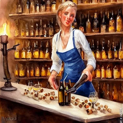 Prompt: hot blonde working in a wine cellar, food, pork, beer, schnapps, rustic, traditional, torches on the wall, watercolor by vladimir volegov