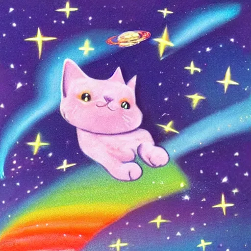 Image similar to cat with a pop tart body flying though space on a rainbow bridge