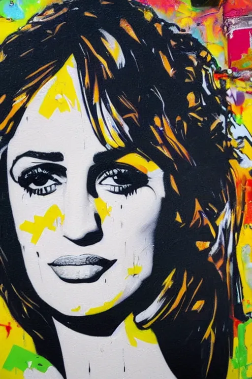 Image similar to oil painting, portrait of penelope cruz, wall with graffiti, splash painting, by bansky