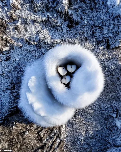 Image similar to a snowy owl's nest in the alps, zoomed out, shot from drone, iphone capture