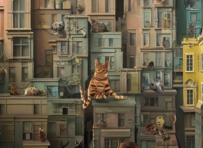 Image similar to A very high resolution image from a new movie, stop motion, about a cat from a musical nyc to a digital space opera, Animated film, volumetric lighting, octane render, directed by wes anderson, Vladimir kush, m.c Escher