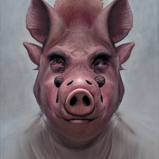 Image similar to anthropomorphic pig, vladimir putin pig hybrid, pig putin face mix, transformation, macabre, horror, by donato giancola and greg rutkowski and wayne barlow and zdzisław beksinski, realistic face, visible face, digital art