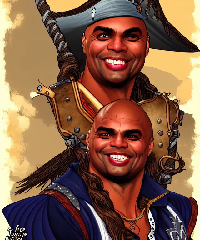 Prompt: fantasy comic style portrait of ( 1 9 9 2 charles barkley ) as a pirate, digital illustration by ken taylor and sana takeda, hd, 4 k, intricate, highly detailed!!, character design, cover art, award winning