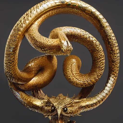 Prompt: massive sculpture of a serpent and an eagle, thus spoke zarathustra, michaelangelo, bernini, figurans serpentinata, hyperrealistic, baroque, gold leaf n - 8