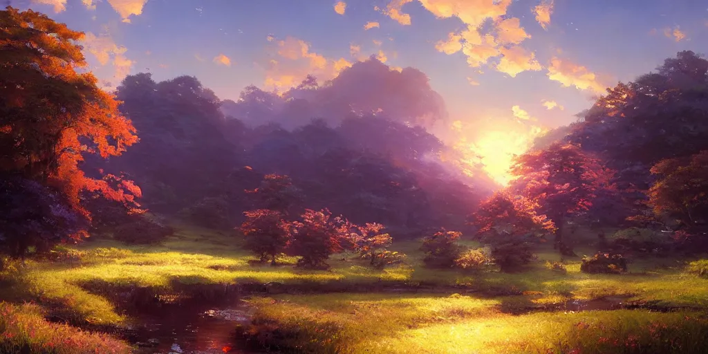 Image similar to an extraordinarily beautiful oil painting of a landscape in spring during sunrise ; lush vegetation ; the most beautiful painting in the world ; by makoto shinkai and craig mullins