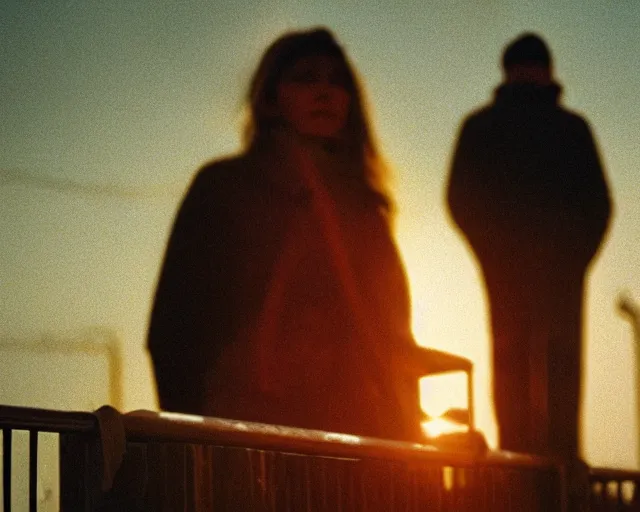 Image similar to lomo photo of pair standing on small hrushevka balcony full with cigarette smoke in small russian town looking at sunset, cinestill, bokeh