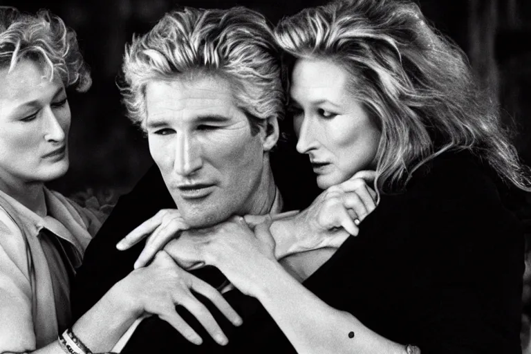 Image similar to richard gere and meryl streep play two vampires hugging each other in dark flames, scene from film