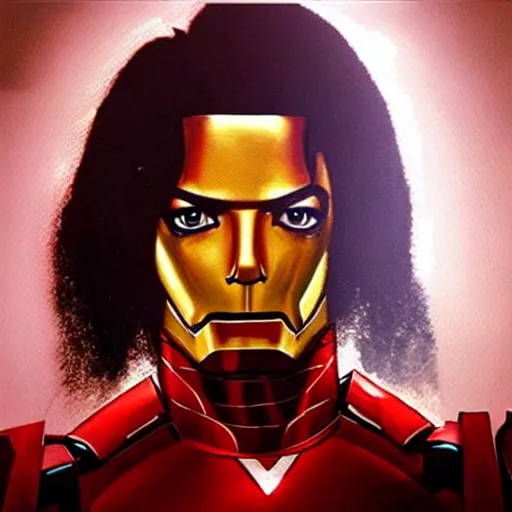 Image similar to “Michael Jackson as Iron Man, looking towards the camera, action, cinematic, dramatic lighting”