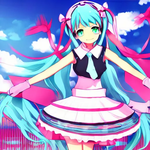 Image similar to Hatsune Miku in anime style cooking in the beach, high quality, pixiv