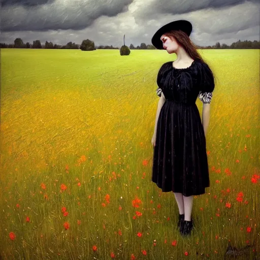 Image similar to a girl standing in a field, wearing black old dress and hat, by andrea kowch, andrea kowch style painting, dark, scene, magicrealism, flowers in background,