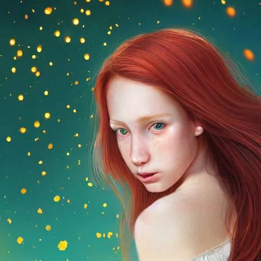 Image similar to photorealistic portrait of a red haired girl among wonderful golden light fireflies, with a round beautiful face, amazed soft smile, long hair, green eyes, hint of freckles, golden ratio, intricate details, colorful, elegant, digital painting, smooth, sharp focus, illustration, ultra realistic, 8 k, artt by sakimichan