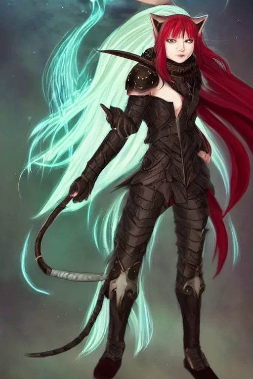 Prompt: Full body Picture of a Battle Mage!, female, human cat hybrid, norse inspired, wearing two silver bracelets!, dark brown skin, cat ears and cat tail!, light red hair, bob haircut, crimson attire, exposed midriff, neckline, battle position, detailed face features!, dark green eyes, D&D, DND, by artgerm and Craig Mullins, James Jean, WLOP, artgerm, Mark Simonetti and Peter Morbacher, matte painting, trending on artstation, artstationHD, artstationHQ, octane, full HD, 16K, alluring, no aditional characters, no aditional arms, no aditional legs!