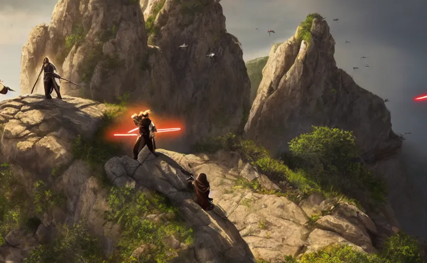 Image similar to anakin skywalker and obi wan kenobi engaging in an epic duel on a cliffside, epic, fantasy artwork, intense, cinematic, raytracing, dynamic lighting, 4 k