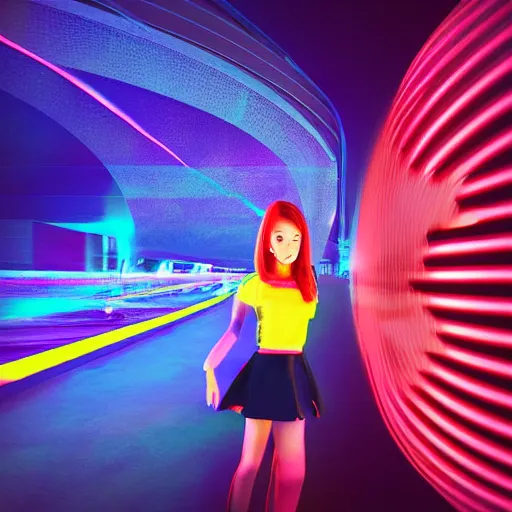 Prompt: digital art, award winning render, high school girl standing in a futuristic city , neon lights create a colorful rim around her. 40mm lense, gaussian blur