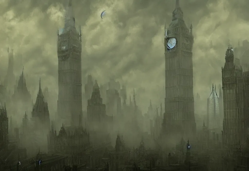 Prompt: cthulhu attacks london with tentacles in green mist by carl gustav carus, clocktower, steampunk, digital art, 4k, trending on artstation, highly detailed