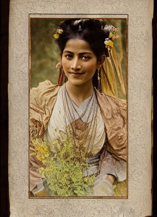 Prompt: hyper realistic and detailed vintage portrait photo of a beautiful beautifully lit nepalese Victorian woman smiling in a himalayan valley by alphonse mucha and annie leibovitz