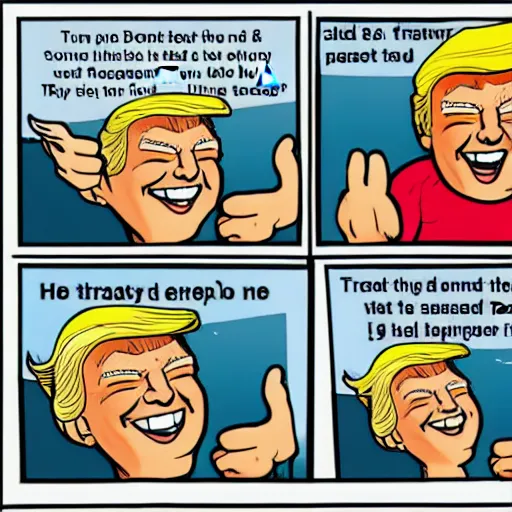 Image similar to tiny person is laughing and pointing at donald trump in a swimsuit. comic strip.