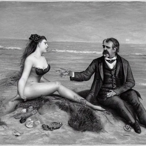 Prompt: Friedrich Nietzsche flirting with a girl at the beach, photorealistic, detailed and realistic faces, 8k,