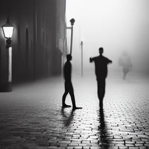 Image similar to an abstract photograph of a lonely male shadowy figure, he is dancing, there is a dark street with lanterns reflected on the ground, everything is underwater, long exposure, 35mm, black-and-white