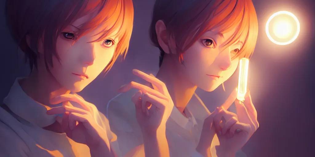 Prompt: a beautiful nordic anime woman holding a light source inside her hands, expert high detail concept art, character design, perfect proportions defined faces, vivid colors, photorealistic shaded lighting poster ilya kuvshinov, katsuhiro, makoto shinkai, wlop, loish and clamp style, trending on artstation, best selling artist