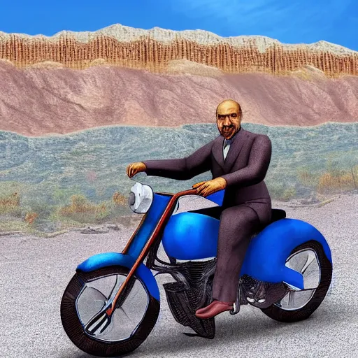 Image similar to a picture of vladimir lenin riding a motorbike, desert road, blue skies, realistic