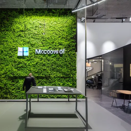 Prompt: interior photography of a Microsoft Samsung flagship store, black walls, textures, wood, features, eye-catching, polished concrete, spotlights, verdant plants green wall, water feature, award winning interior design, patterns, retaildesignblog, dezeen, 14mm, 8k, cinestill, pentax, film