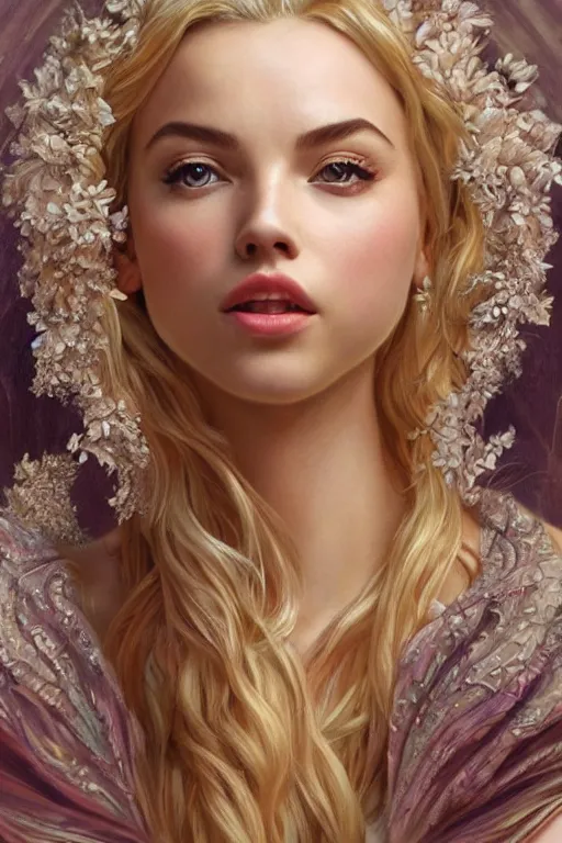 Image similar to ultra realistic illustration, a stunningly beautiful greek goddess of ecstasy played by jordyn jones and dove cameron and margot robbie and taylor swift and megan fox and natalie dormer, intricate, elegant, highly detailed, digital painting, artstation, concept art, smooth, sharp focus, illustration, art by artgerm and greg rutkowski and alphonse mucha
