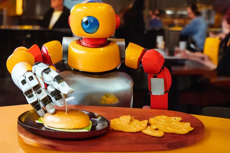 Prompt: robot eating cheese burger