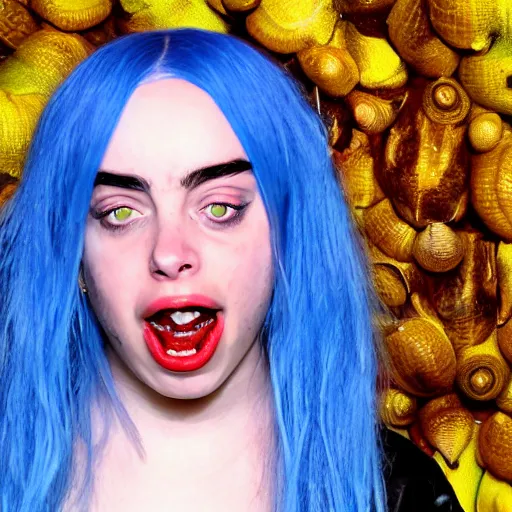 Image similar to bald billie eilish screaming with mouth full of snails