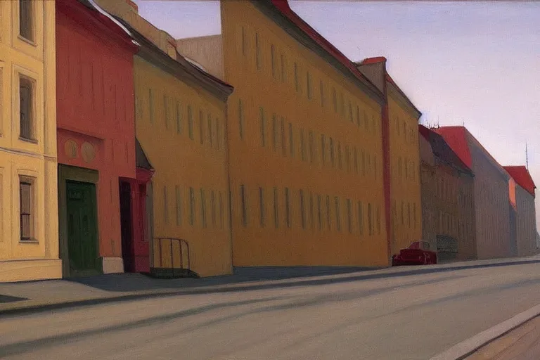 Prompt: the lonely streets of oslo, painting by edward hopper, award - winning, painting, calming, serene,