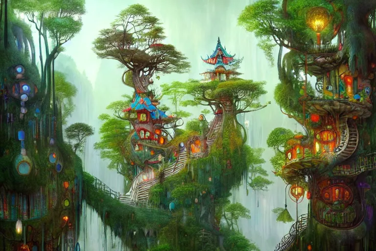 Prompt: treehouse from hundertwasser and gaudi in a deep mystical forest , floating chinese lampoons, lake, waterfall, tall people walking and discussing, dynamic lighting, art by peter mohrbacher and john howe on artstation, mix with rivendell architecture,