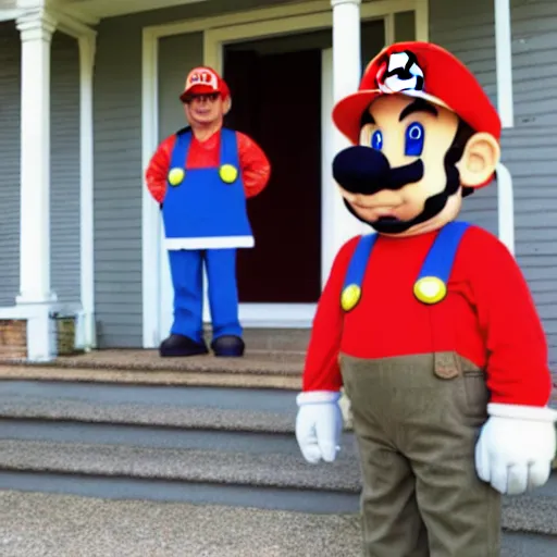 Prompt: bootleg super mario costumed man standing in front of an american house
