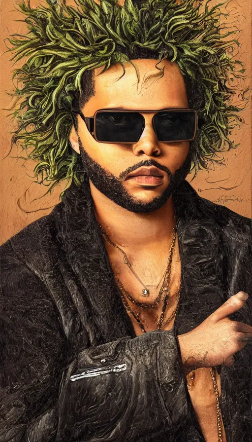 Prompt: the weeknd wearing sunglasses driving a lamborghini by giuseppe arcimboldo, brown skin, classical painting, digital painting, romantic, vivid color, oil painting