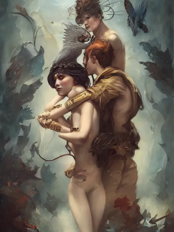 Image similar to a gorgeous portrait of two star-crossed lovers with the weight of their connection bearing down on them, hyperrealistic, award-winning, in the style of Tom Bagshaw, Cedric Peyravernay, Peter Mohrbacher