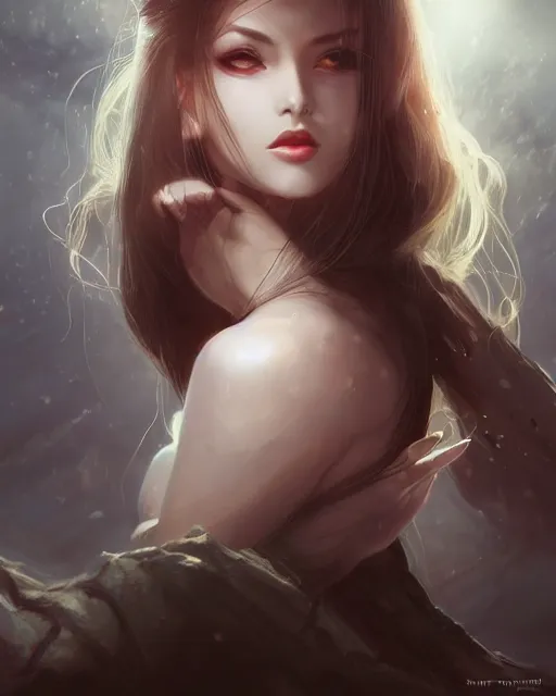 Image similar to a beautiful female vampire, ethereal, dreamy, backlit, highly detailed, stern expression, realistic lighting, sharp focus, windswept, rule of thirds, symmetrical facial features, by artgerm, wlop, rossdraws, frank frazetta, andrei riabovitchev, trending on artstation, hd, 4 k, fantasy