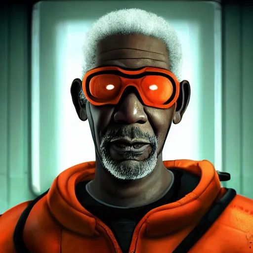 Image similar to morgan freeman as gordon freeman, half life alyx, backlighting, cinematic