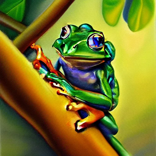 Prompt: beautiful oil painting of frog on a tree, sunlight, award - winning, matte,