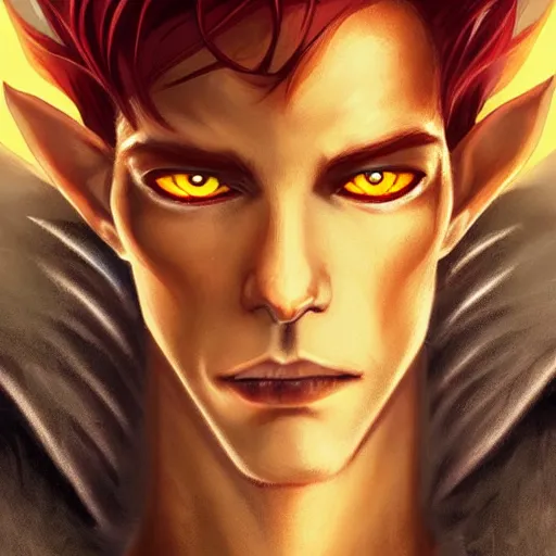 Prompt: dnd character illustration of a dark tanned half - elf with messy short red hair and golden eyes with slit pupils, beautiful and androgynous, feral, glowing, golden hour, wearing a stylish men's suit by ross tran and gerald brom