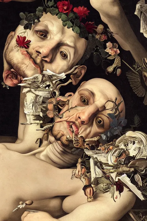 Image similar to Detailed maximalist portrait a man lying on bed with a the boogie man hovering over him. large lips and with large white eyes, exasperated expression, botany bones, HD mixed media, 3D collage, highly detailed and intricate, surreal illustration in the style of Caravaggio, dark art, baroque