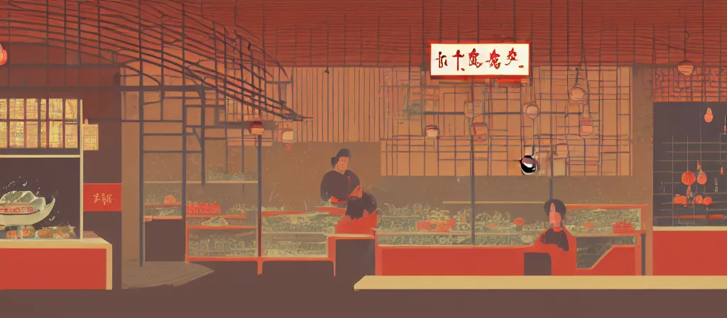 Image similar to a beautiful simple 4 k hd wallpaper illustration of interior view of the corner of roasted string hotpot shop, simple style, from china, with merchant logo, simple structure, surrealistic, chinese style, victo ngai, james jean, denoise, deblurring