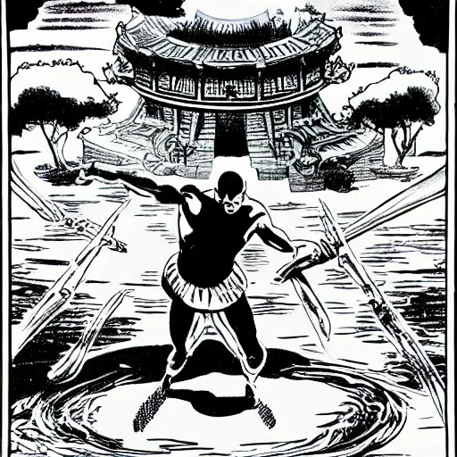 Prompt: a water temple with a shaolin bender, by steve ditko