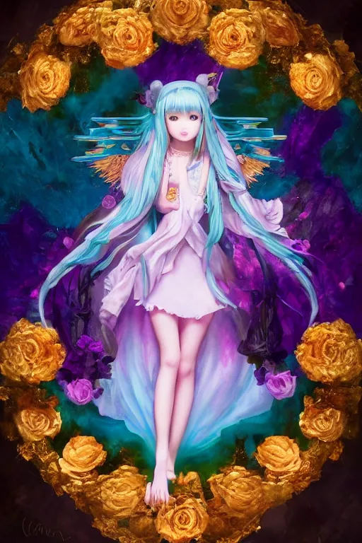 Prompt: breathtaking detailed soft painting of hatsune miku as a renaissane angel, german romanticism, golden rose flowers floating around, amethyst stained glass, rembrandt style, volumetric lighting, concept art, matte, sharp focus, by celestialfang, matchach, juanmao, dustin panzino, trending on artstation