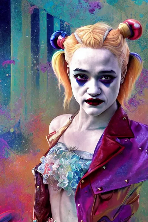 Image similar to portrait of julia garner as harley quinn as delirium of the endless, the sandman, rainbow clothes, in persian temple wet night, sci - fi and fantasy, intricate and very very beautiful and elegant, highly detailed, digital painting, artstation, concept art, smooth and sharp focus, illustration, art by tian zi and wlop and alphonse mucha